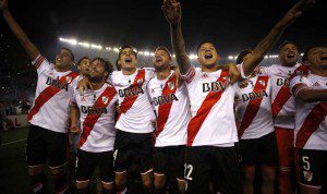 Players from Argentina's River Plate celebrate after winning the Cup during their Copa Sudamericana soccer match finals against Colombia's Atletico Nacional in Buenos Aires