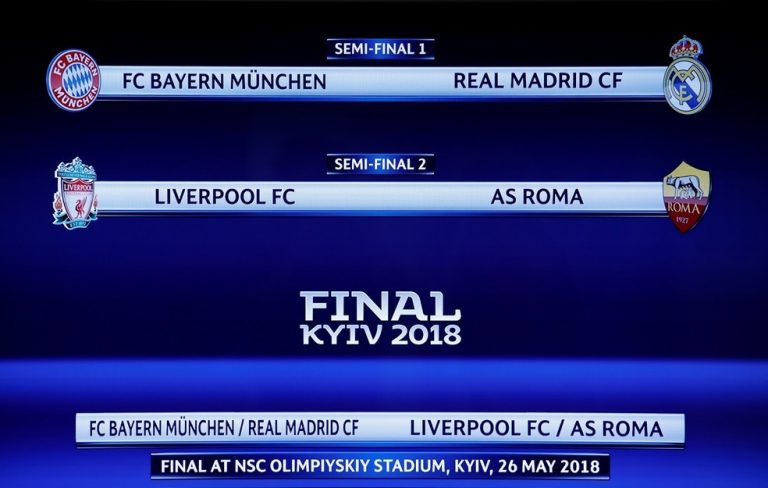 LIGA DOS CAMPEÕES DA EUROPA TEMPORADA 2017.2018. SEMIFINAIS. REAL MADRID. ESPANHA. BAYERN DE MUNIQUE. ALEMANHA. ROMA. ITÁLIA. LIVERPOOL. INGLATERRA. LIGA EUROPA TEMPORADA 2017.2018. SEMIFINAIS. RED BULL SALZBURG. ÁUSTRIA. OLYMPIQUE DE MARSELHA. FRANÇA. ARSENAL. INGLATERRA. ATLÉTICO DE MADRID. ESPANHA.