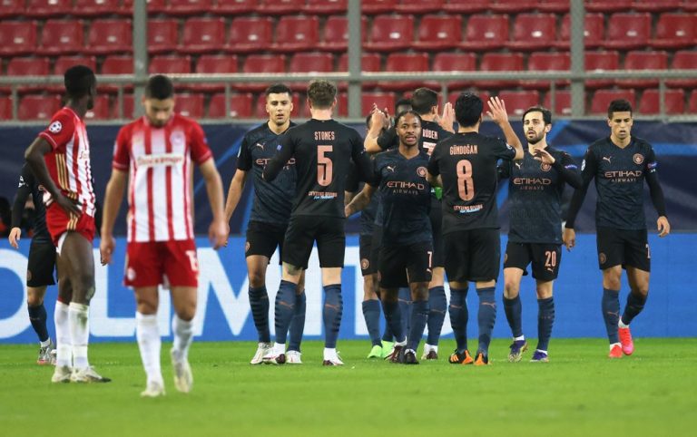 LIGA DOS CAMPEÕES DA EUROPA TEMPORADA 2020. 2021. FASE D EGRUPOS. GRUPO C. QUARTA RODADA. MANCHESTER CITY. INGLATERRA. OLYMPIACOS. GRÉCIA.