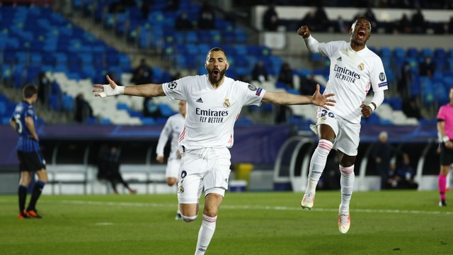 LIGA DOS CAMPEÕES DA EUROPA TEMPORADA 2020. 2021. OITAVAS DE FINAL. JOGO DE VOLTA. SEGUNDA PARTIDA. REAL MADRID. ESPANHA. CLASSIFICADO. ATALANTA. ELIMINADO.