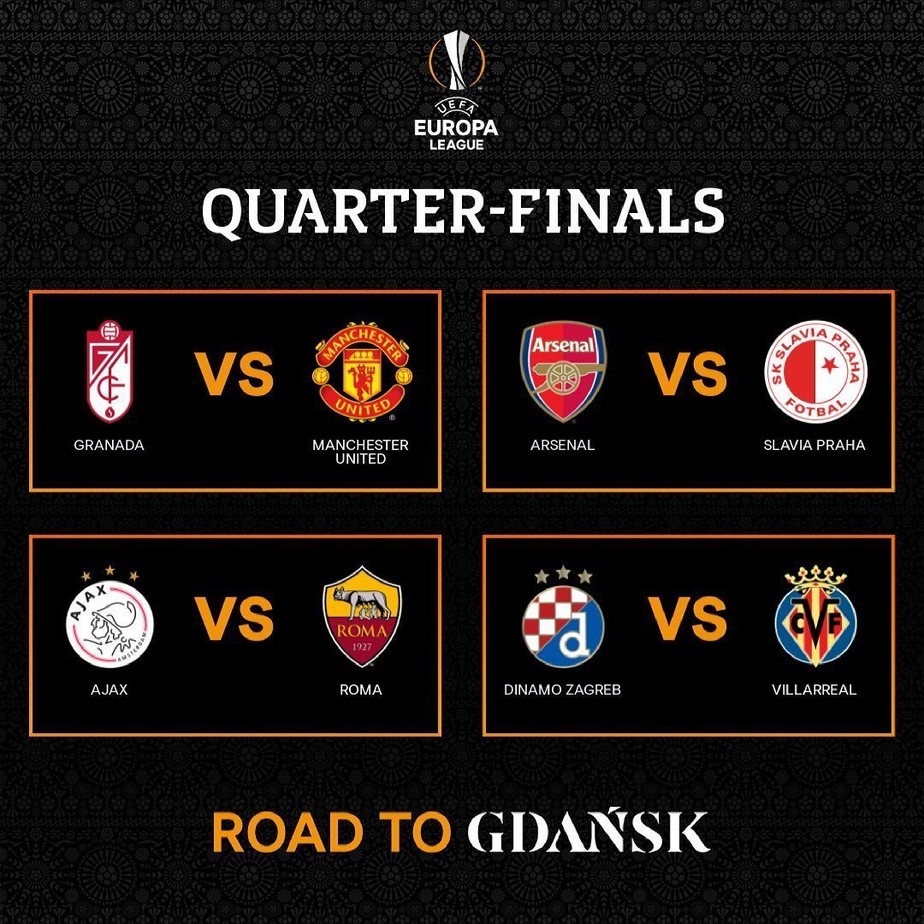 LIGA EUROPA. QUARTAS DE FINAL. GRANADA. ESPANHA. MANCHESTER UNITED. INGLATERRA. ARSENAL. INGLATERRA. SLAVIA PRAHA. REPÚBLICA TCHECA. AJAX. HOLANDA. ROMA. ITÁLIA. DÍNAMO ZAGREB. CROÁCIA. VILLARREAL. ESPANHA.