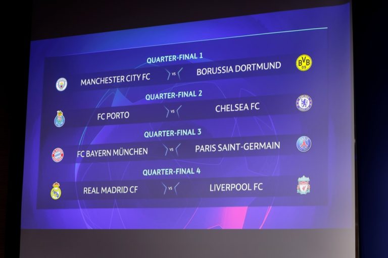 LIGA DOS CAMPEÕES DA EUROPA TEMPORADA 2020. 2021. QUARTAS DE FINAL. MANCHESTER CITY. INGLATERRA. BORUSSIA DORTMUND. ALEMANHA. BAYERN DE MUNIQUE. ALEMANHA. PARIS SAITN-GERMAIN. FRANÇA. PORTO. PORTUGAL. CHELSEA. INGLATERRA. REAL MADRID. ESPANHA. LIVERPOOL. INGLATERRA.