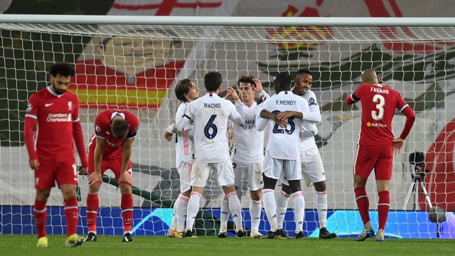 LIGA DOS CAMPEÕES DA EUROPA DA TEMPORADA DE 2020.2021. QUARTAS DE FINAL. JOGO DE VOLTA. SEGUNDA PARTIDA. REAL MADRID. ESPANHA. CLASSIFICADO. LIVERPOOL. INGLATERRA. ELIMINADO.