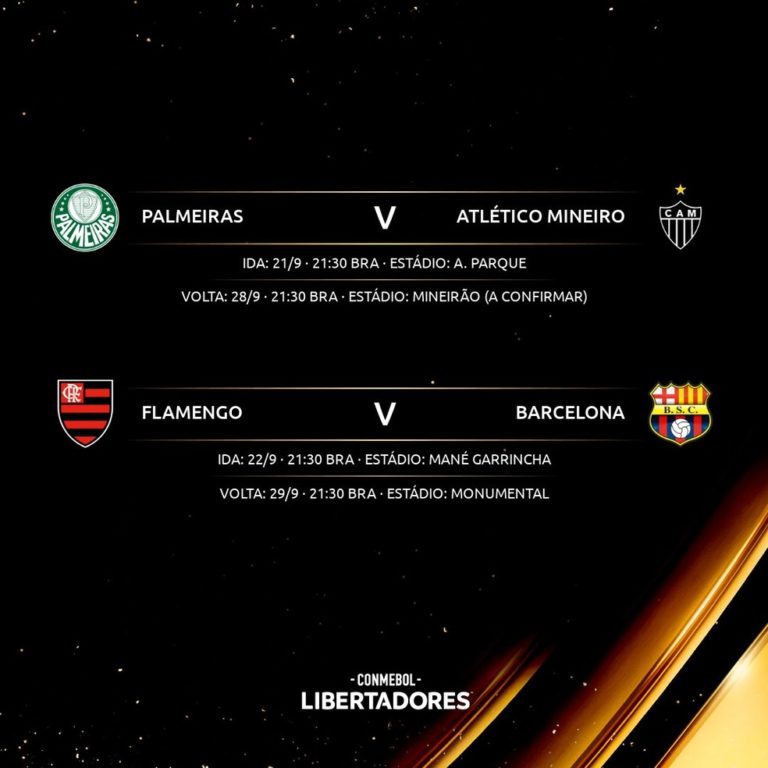 TAÇA LIBERTADORES DA AMÉRICA DE 2021. SEMIFINAIS. JOGOS DE IDA. JOGOS DE VOLTA. PRIEMIRA PARTIDA. SEGUNDA PARTIDA. ATLÉTICO-MG. BRASIL. PALMEIRAS-SP. BRASIL. FLAMENGO-RJ. BRASIL. BARCELONA DE GUAYAQUIL. EQAUDOR.