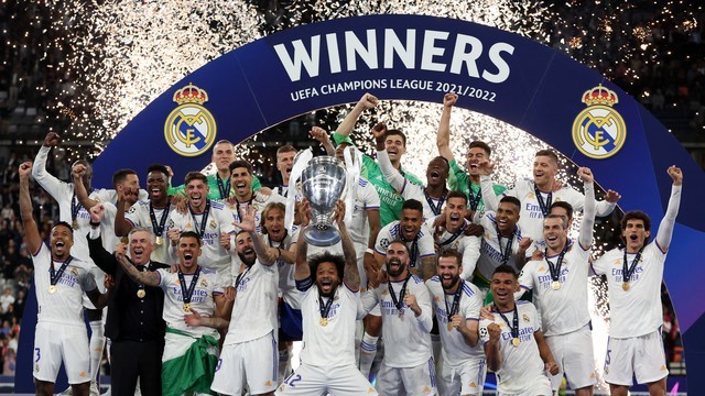LIGA DOS CAMPEÕES DA EUROPA. TEMPORADA 2021.2022. FINAL. JJOGO ÚNICO. PARTIDA ÚNICA. STADE DE FRANCE. PARIS. FRANÇA. REAL MADRID. ESPANHA. CAMPEÃO; QUATROZE VEZES CAMPEÃO. TETRADECAMPEÃO.