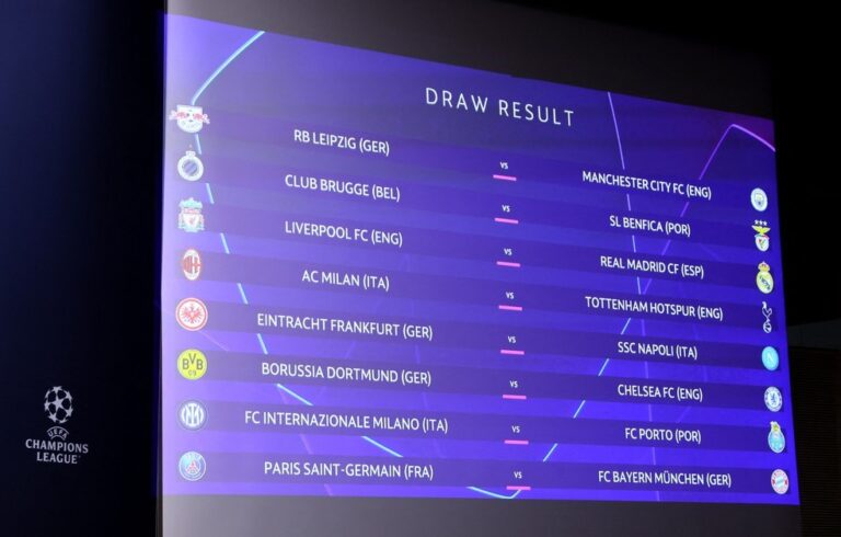 LIGA DOS CAMPEÕES DA EUROPA. TEMPOARADA 2022.2023. OITAVAS DE FINAL. RASENBALLSPORT. ALEMANHA. MANCHESTER CITY. INGLATERRA. CLUB BRUGGE. BENFICA. PORTUGAL. LIVERPOOL. INGLATERRA. REAL MADRID. ESPANHA. MILAN. ITÁLIA. TOTTENHAM. INGLATERRA. EINTRACHT FRANKFURT. ALEMANHA. NAPOLI. ITÁLIA. BORUSSIA DORTMUND. ALEMANHA. CHELSEA. INGLATERRA. INTERNAZIONALE DE MILÃO. ITÁLIA. PORTO. PORTUGAL. BAYERN DE MUNIQUE. ALEMANHA. PARIS SAINT-GERMAIN. FRANÇA.