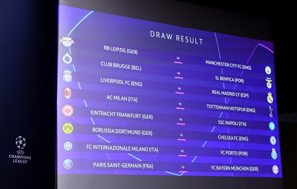 LIGA DOS CAMPEÕES DA EUROPA. TEMPOARADA 2022.2023. OITAVAS DE FINAL. RASENBALLSPORT. ALEMANHA. MANCHESTER CITY. INGLATERRA. CLUB BRUGGE. BENFICA. PORTUGAL. LIVERPOOL. INGLATERRA. REAL MADRID. ESPANHA. MILAN. ITÁLIA. TOTTENHAM. INGLATERRA. EINTRACHT FRANKFURT. ALEMANHA. NAPOLI. ITÁLIA. BORUSSIA DORTMUND. ALEMANHA. CHELSEA. INGLATERRA. INTERNAZIONALE DE MILÃO. ITÁLIA. PORTO. PORTUGAL. BAYERN DE MUNIQUE. ALEMANHA. PARIS SAINT-GERMAIN. FRANÇA.