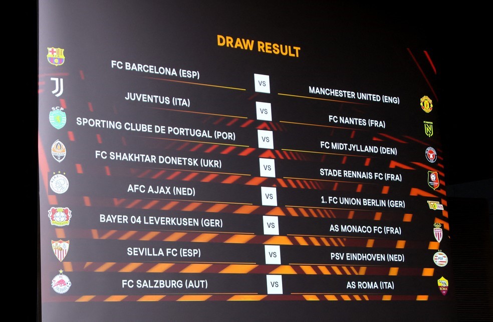 LIGA EUROPA. PLAYOFFS. MANCHESTER UNITED. INGLATERRA. BARCELONA. ESPANHA. JUVENTUS. ITÁLIA. NANTES. FRANÇA. SPORTING. PORTUGAL. MITDJYLLAND. DINAMARCA. SHAKHTAR DONETSK. UCRÂNIA. AJAX. HOLANDA. RENNES. FRANÇA. UNION BERLIM. ALEMANHA. BAYER LEVERKUSEN. ALEMANHA. MONACO. FRANÇA. SEVILLA. ESPANHA. PSV EINDHOVEN. HOLANDA. RED BULL SALZBURGO. ÁUSTRIA. ROMA. ITÁLIA.