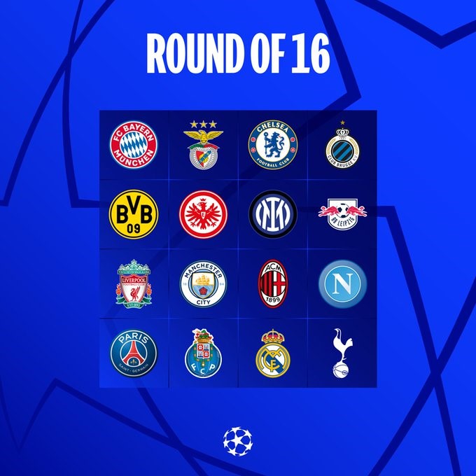 LIGA DOS CAMPEÕES DA EUROPA. TEMPORADA 2022. 2023. OITAVAS DE FINAL. SORTEIO. BAYERN DE MUNIQUE. ALEMANHA. BENFICA. PORTUGAL. CHELSEA. INGLATERRA. CLUB BRUGGE. BÉLGICA. BORUSSIA DORTMUND. ALEMANHA. EINTRACHT FRANKFURT. ALEMANHA. INTERNAZIONALE DE MILÃO. ITÁLIA. RASENBALLSPORT LEIPZIG. ALEMANHA. LIVERPOOL. INGLATERRA. MANCHESTER CITY. INGLATERRA. MILAN. ITÁLIA. NAPOLI. ITÁLIA. PARIS SAINT-GERMAIN. FRANÇA. PORTO. PORTUGAL. REAL MADRID. ESPANHA. TOTTENHAM. INGLATERRA.