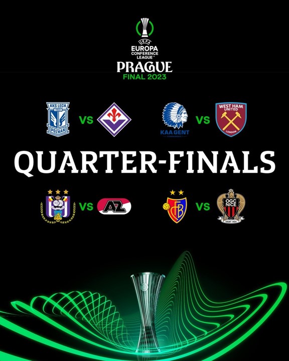 LIGA CONFERÊNCIA TEMPORADA 2022.2023. QUARTAS DE FINAL. JOGOS DE IDA. JOGOS DE VOLTA. PRIMEIRA PARTIDA. SEGUNDA PARTIDA. LECH POZNAN. POLÔNIA. FIORENTINA. ITÁLIA. GENT. BÉLGICA. WEST HAM. INGLATERRA. ANDERLECHT. BÉLGICA. AZ ALKMAAR. HOLANDA. BASEL. SUÍÇA. NICE. FRANÇA.