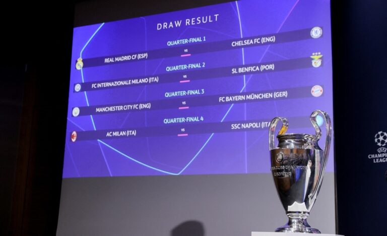 LIGA DOS CAMPEÕE SDA EUROPA. TEMPORADA 2022.2023. QUARTAS DE FINAL. REAL MADRID. ESPANHA. CHELSEA. INGLATERRA. BENFICA. PORTUGAL. INTERNAZIONALE DE MILÃO. ITÁLIA. MANCHESTER CITY. INGLATERRA. BAYERN DE MUNIQUE. ALEMANHA. MILAN. ITÁLIA. NAPOLI. ITÁLIA.