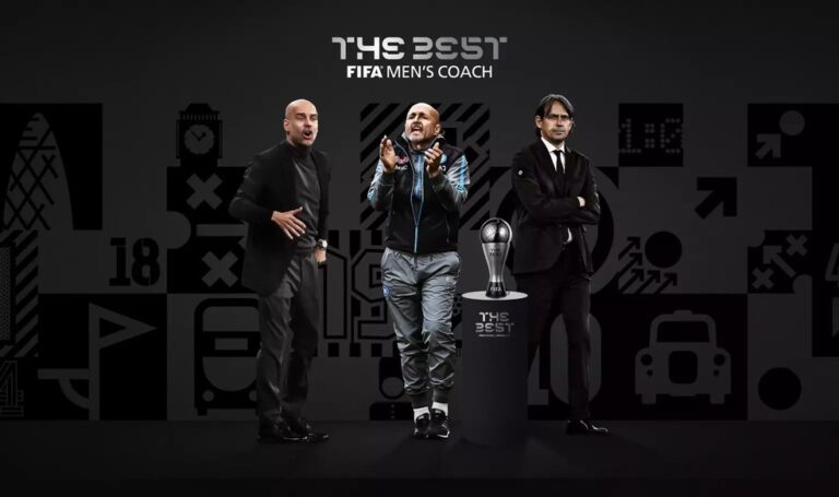 MELHORES TÉCNICO EM 2023. PEP GUARDIOLA. LUCIANO SPALLETTI. SIMONE INZAGHI. PRÊMIO THE BEST.