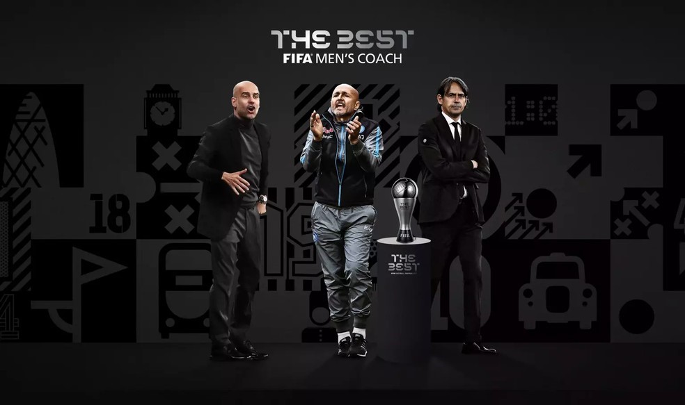 MELHORES TÉCNICO EM 2023. PEP GUARDIOLA. LUCIANO SPALLETTI. SIMONE INZAGHI. PRÊMIO THE BEST.