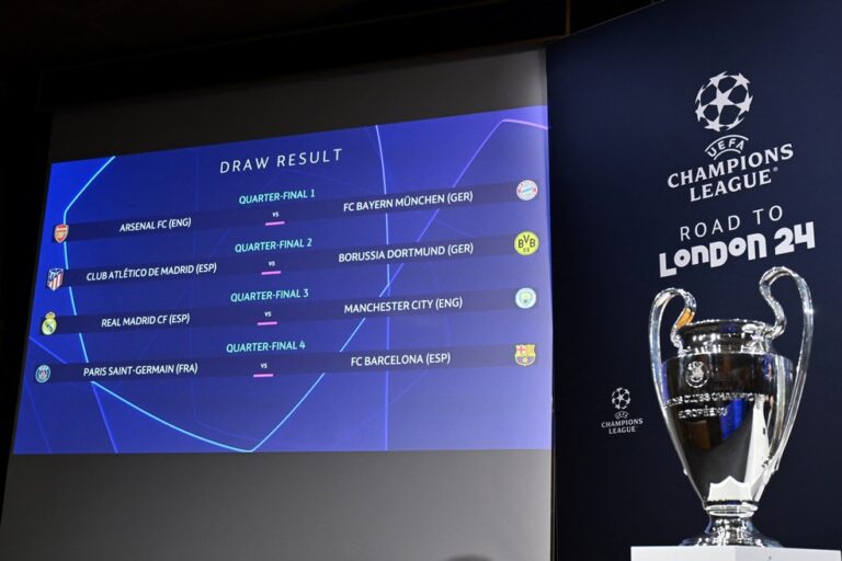 LIGA DOS CAMPEÕES DA EUROPA. TEMPORADA 2023. 2024. QUARTAS DE FINAL. JOGOS DE IDA. JOGOS DE VOLTA. PRIMEIRA PARTIDA. SEGUNDA PARTIDA. ARSENAL. INGLATERRA. BAYERN DE MUNIQUE. ALEMANHA. ATLÉTICO DE MADRID. ESPANHA. BORUSSIA DORTMUND. ALEMANHA. REAL MADRID. ESPANHA. MANCHESTER CITY. INGLATERRA. PARIS SAINT-GERMAIN. FRANÇA. BARCELONA.