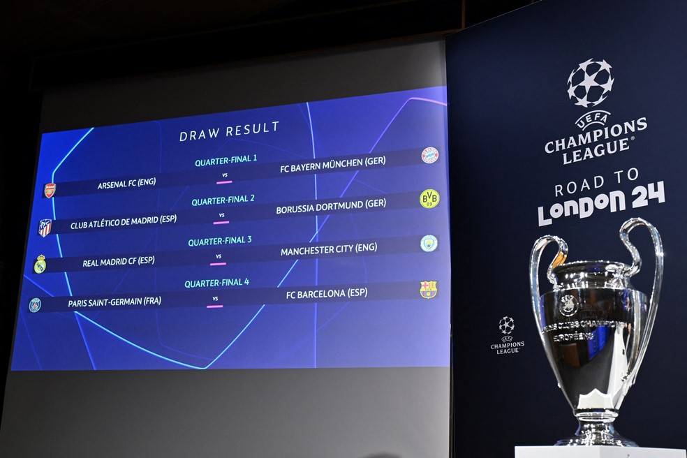 LIGA DOS CAMPEÕES DA EUROPA. TEMPORADA 2023. 2024. QUARTAS DE FINAL. JOGOS DE IDA. JOGOS DE VOLTA. PRIMEIRA PARTIDA. SEGUNDA PARTIDA. ARSENAL. INGLATERRA. BAYERN DE MUNIQUE. ALEMANHA. ATLÉTICO DE MADRID. ESPANHA. BORUSSIA DORTMUND. ALEMANHA. REAL MADRID. ESPANHA. MANCHESTER CITY. INGLATERRA. PARIS SAINT-GERMAIN. FRANÇA. BARCELONA.
