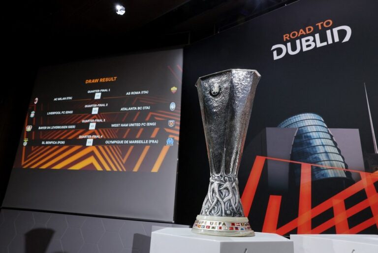 LIGA EUROPA TEMPORADA 2023. 2024. QUARTAS DE FINAL. JOGOS DE IDA. JOGOS DE VOLTA. PRIMEIRA PARTIDA. SEGUNDA PARTIDA. MILAN. ITÁLIA. ROMA. ITÁLIA. LIVERPOOL. INGLATERRA. ATALANTA. ITÁLIA.BAYER LEVERKUSEN. ALEMANHA. WEST HAM. INGLATERRA. BENFICA. PORTUGAL. OLYMPIQUE DE MARSELLE. FRANÇA.