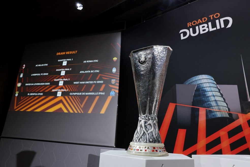 LIGA EUROPA TEMPORADA 2023. 2024. QUARTAS DE FINAL. JOGOS DE IDA. JOGOS DE VOLTA. PRIMEIRA PARTIDA. SEGUNDA PARTIDA. MILAN. ITÁLIA. ROMA. ITÁLIA. LIVERPOOL. INGLATERRA. ATALANTA. ITÁLIA.BAYER LEVERKUSEN. ALEMANHA. WEST HAM. INGLATERRA. BENFICA. PORTUGAL. OLYMPIQUE DE MARSELLE. FRANÇA.