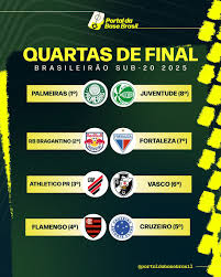 CAMPEONATO BRASILEIRO SUB-20 DE 2025. QUARTAS DE FINAL. JOGO ÚNICO. PARTIDA ÚNICA. PALMEIRAS-SP. JUVENTUDE-RS. FLAMENGO-RJ. CRUZEIRO-MG. ATHLETICO-PR. VASCO-RJ. RED BULL BRAGANTINO-SP. FORTALEZA-CE.