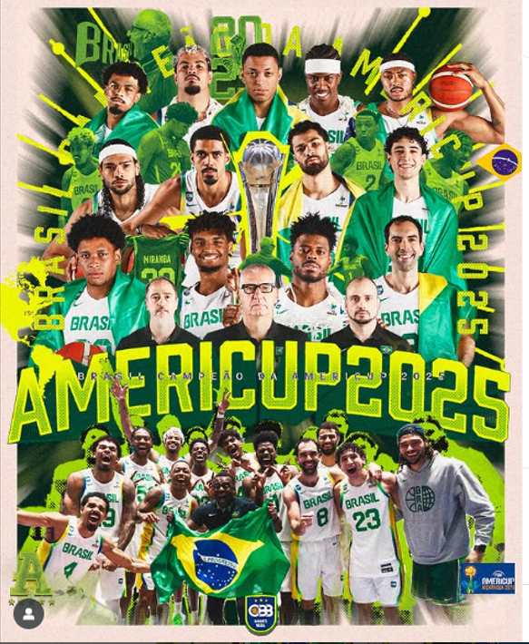 COPA AMÉRICA DE BASQUETE DE 2025. FINAL. JOGO ÚNICO. PARTIDA ÚNICA. BRASIL. CAMPEÃO. PENTACAMPEÃO. 1984. 1988. 2005. 2009. 2025. ARGENTINA. VICE-CAMPEÃO.