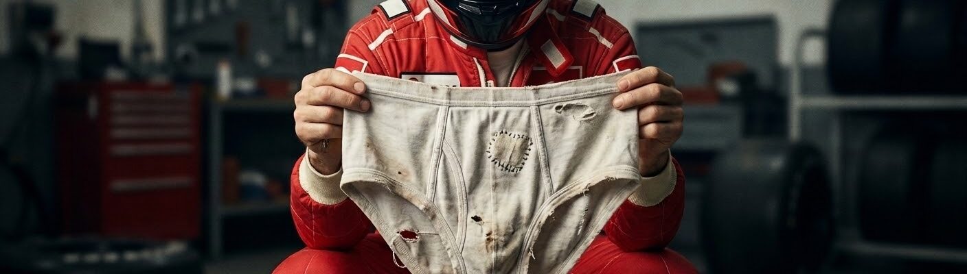 Piloto de Fórmula 1 com capacete segurando uma cueca velha e remendada, ilustrando as superstições estranhas dos pilotos no cockpit