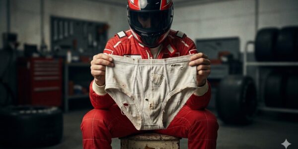 Piloto de Fórmula 1 com capacete segurando uma cueca velha e remendada, ilustrando as superstições estranhas dos pilotos no cockpit
