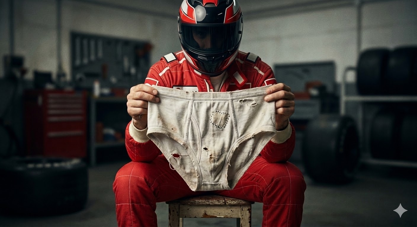Piloto de Fórmula 1 com capacete segurando uma cueca velha e remendada, ilustrando as superstições estranhas dos pilotos no cockpit