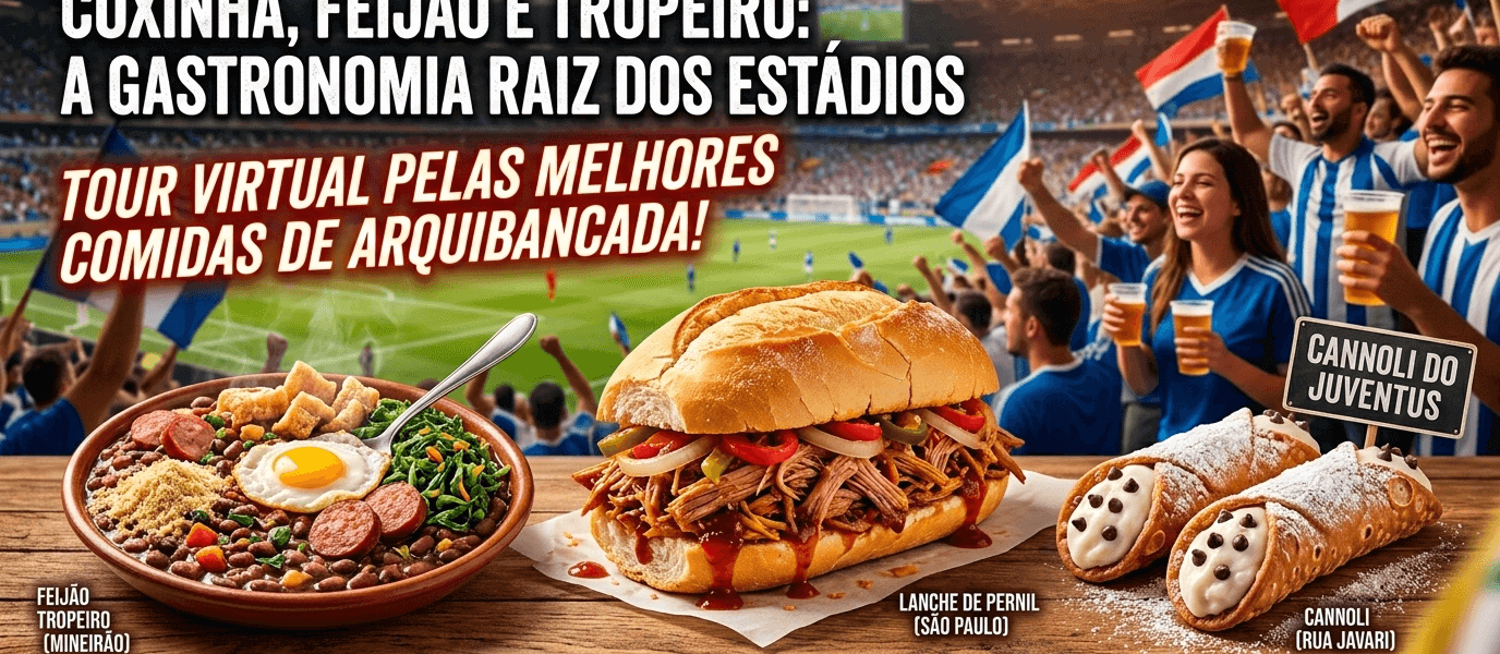 Montagem com Feijão Tropeiro do Mineirão, Lanche de Pernil de São Paulo e Cannoli da Rua Javari em destaque, com fundo de estádio de futebol e torcida.