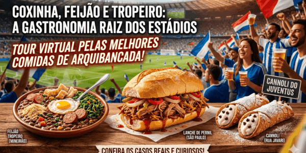 Montagem com Feijão Tropeiro do Mineirão, Lanche de Pernil de São Paulo e Cannoli da Rua Javari em destaque, com fundo de estádio de futebol e torcida.