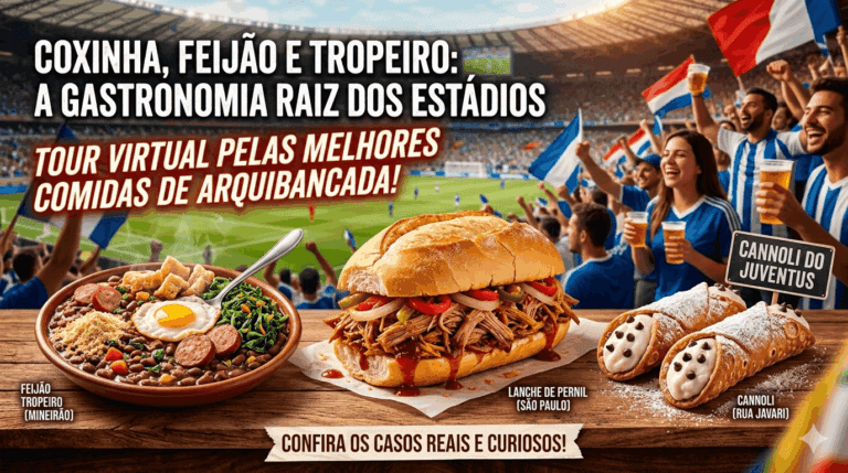 Montagem com Feijão Tropeiro do Mineirão, Lanche de Pernil de São Paulo e Cannoli da Rua Javari em destaque, com fundo de estádio de futebol e torcida.