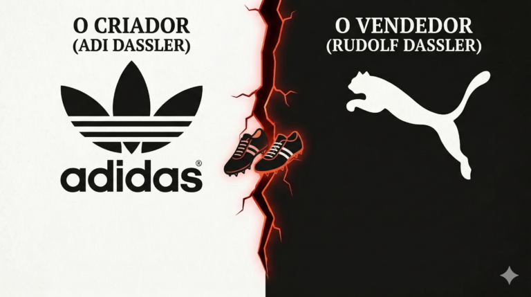 Infográfico minimalista comparando as marcas Adidas e Puma com os nomes dos fundadores Adi Dassler e Rudolf Dassler divididos por uma linha de ruptura.