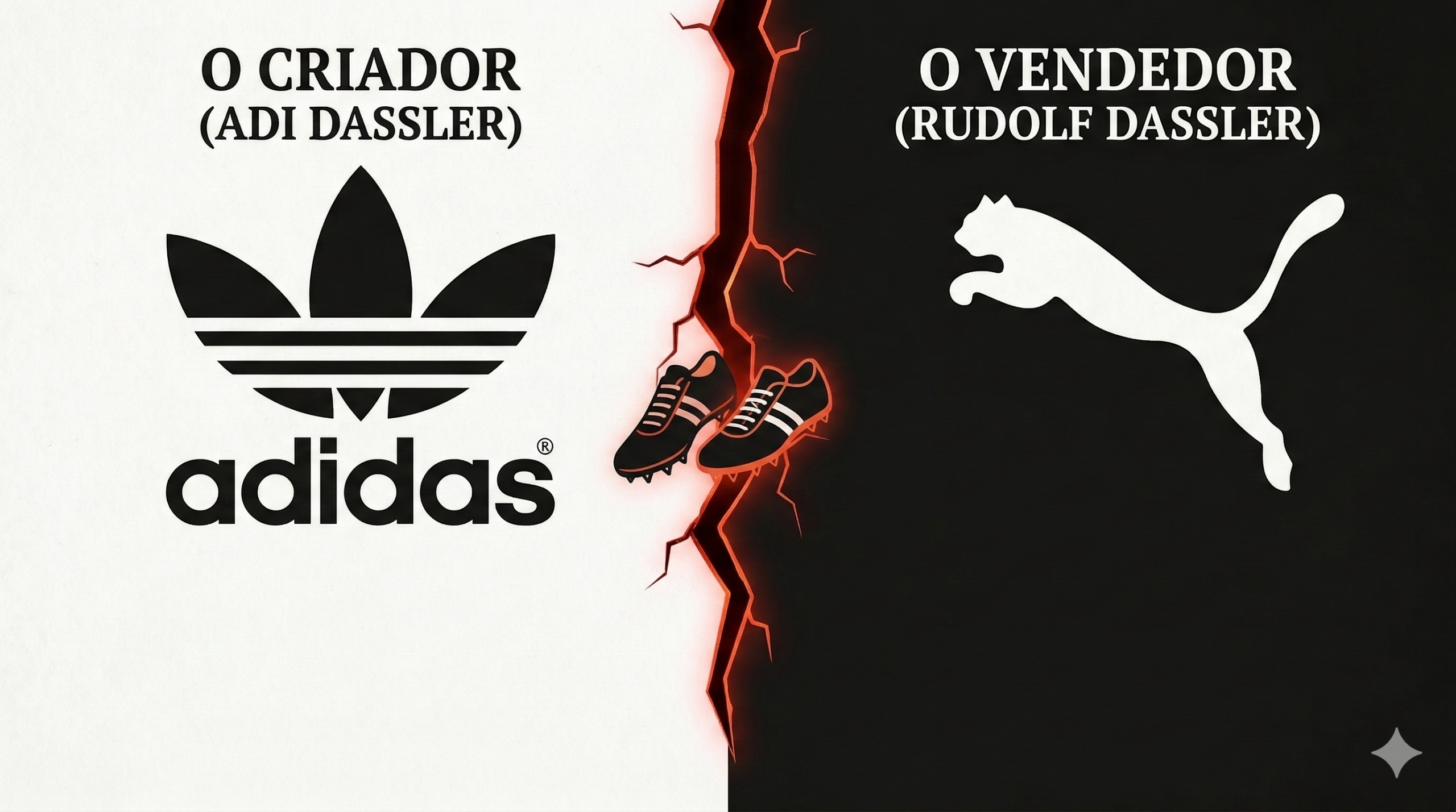 Infográfico minimalista comparando as marcas Adidas e Puma com os nomes dos fundadores Adi Dassler e Rudolf Dassler divididos por uma linha de ruptura.
