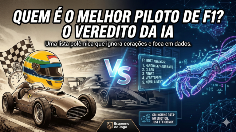 Ilustração comparativa entre carros de Fórmula 1 clássicos e modernos com elementos de dados de inteligência artificial e o título Quem é o melhor piloto de F1.