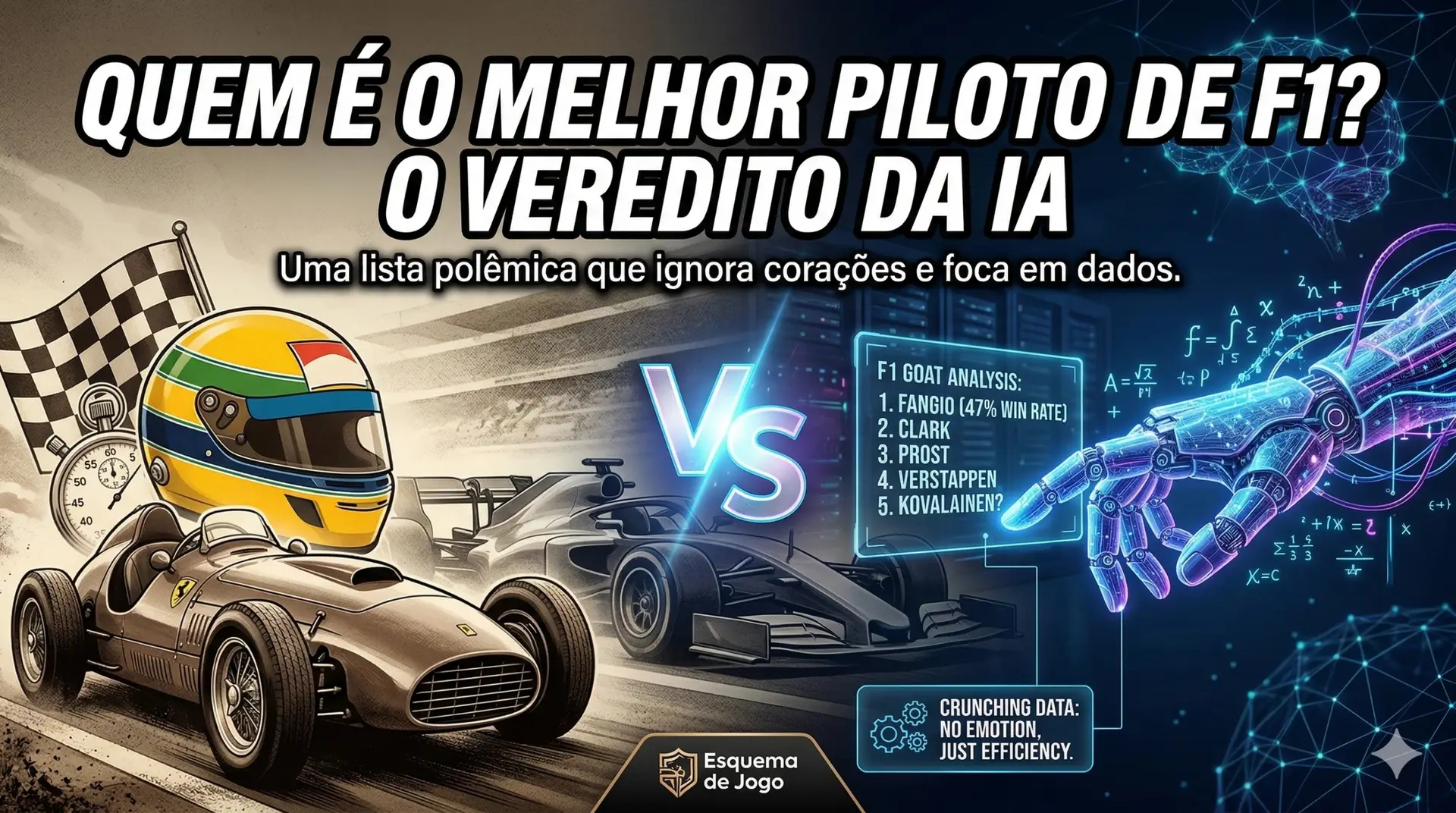 Ilustração comparativa entre carros de Fórmula 1 clássicos e modernos com elementos de dados de inteligência artificial e o título Quem é o melhor piloto de F1.