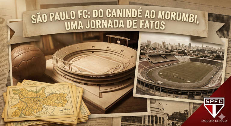 Colagem de fotos históricas do estádio do Canindé e maquete do Estádio do Morumbi com o título "São Paulo FC: Do Canindé ao Morumbi"