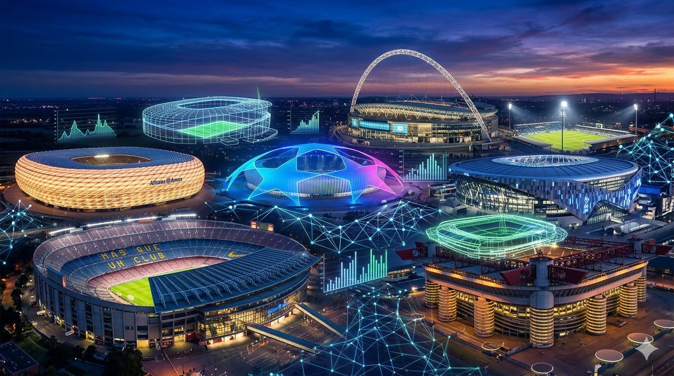 Uma vista aérea composta de famosos estádios de futebol europeus (incluindo Wembley e Allianz Arena) ao crepúsculo. Eles estão conectados por uma rede brilhante de fluxos de dados azuis, gráficos holográficos e conexões neurais, simbolizando a análise da Inteligência Artificial.