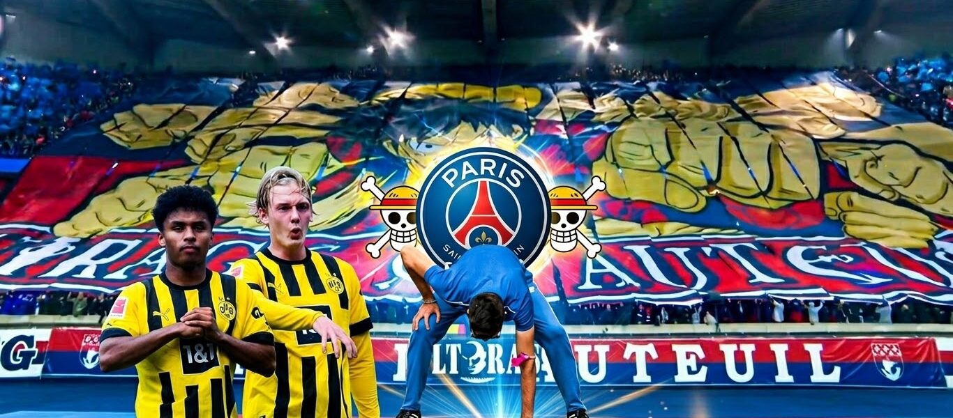 Crossover épico: Jogadores do Borussia Dortmund e atleta do salto em distância em pose Gear Second de One Piece em frente ao mosaico do PSG no estádio Parc des Princes.