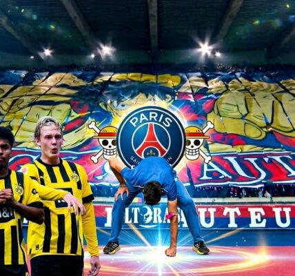 Crossover épico: Jogadores do Borussia Dortmund e atleta do salto em distância em pose Gear Second de One Piece em frente ao mosaico do PSG no estádio Parc des Princes.