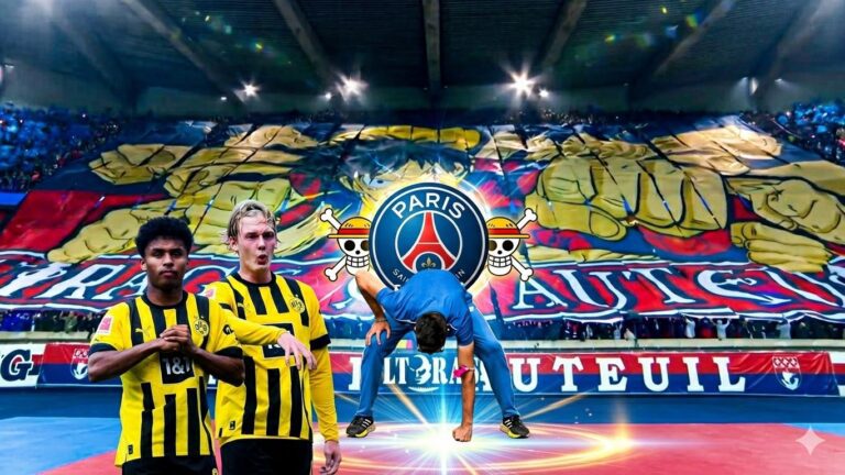 Crossover épico: Jogadores do Borussia Dortmund e atleta do salto em distância em pose Gear Second de One Piece em frente ao mosaico do PSG no estádio Parc des Princes.