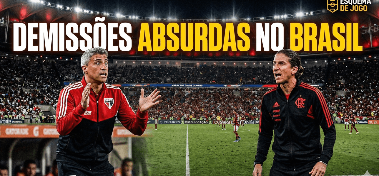 Montagem com Hernán Crespo e Filipe Luís gesticulando em um estádio de futebol lotado, simbolizando a instabilidade de técnicos no Brasil.