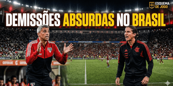 Montagem com Hernán Crespo e Filipe Luís gesticulando em um estádio de futebol lotado, simbolizando a instabilidade de técnicos no Brasil.