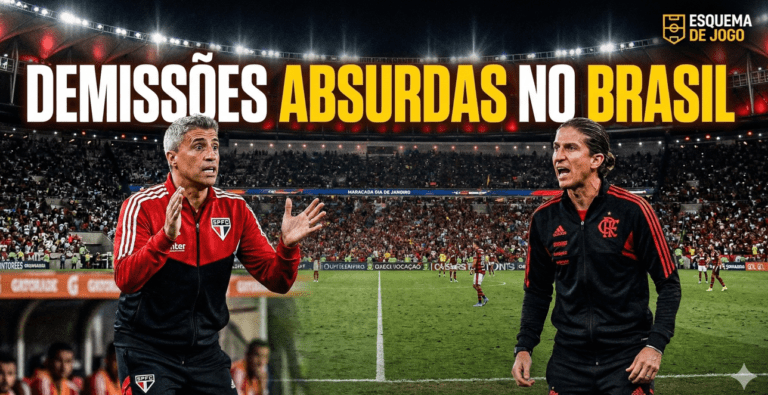 Montagem com Hernán Crespo e Filipe Luís gesticulando em um estádio de futebol lotado, simbolizando a instabilidade de técnicos no Brasil.