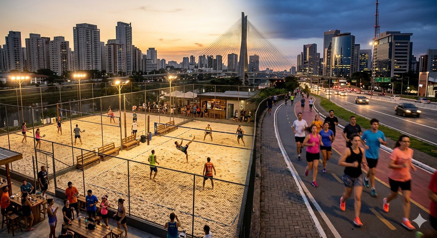 Fotografia conceitual de São Paulo dividida em dois cenários: à esquerda, atletas jogando futevôlei e beach tennis em uma arena de areia iluminada ao entardecer; à direita, um grupo de pessoas correndo em uma ciclovia urbana movimentada. Ao fundo, a silhueta de prédios e a Ponte Estaiada sob um céu de pôr do sol.