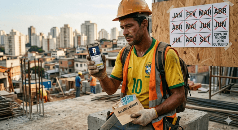 Trabalhador brasileiro com camisa da seleção segurando um envelope de salário mínimo e olhando ingresso da Copa do Mundo 2026 no celular.