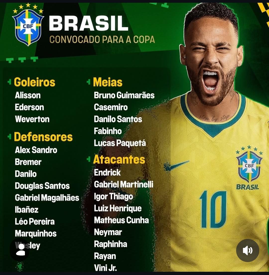 CONVOCAÇÃO DA SELEÇÃO. BRASIL. 26 JOGADORES.