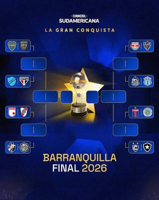 COPA SUL-AMERICANA DE 2026. OITAVAS DE FINAL. JOGOS DE IDA. JOGOS DE VOLTA. PRIMEIRO JOGO. PRIMEIRA PARTIDA. SEGUNDO JOGO. SEGUNDA PARTIDA. BOCA JUNIORS. ARGENTINA. DEPORTIVO RECOLETA. PARAGUAI. BOLÍVAR. BOLÍVIA. SÃO PAULO-SP. BRASIL. SANTA FÉ. COLÔMBIA. RIVER PLATE, ARGENTINA. VASCO-RJ. BRASIL. OLIMPIA. PARAGUAI. RED BULL BRAGANTINO-SP. BRASIL. ATLÉTICO-MG. BRASIL. SANTOS-SP. BRASIL. MACARÁ. EQUADOR. TIGRE. ARGENTINA. MONTEVIDEO CITY TORQUE. URUGUAI. CIENCIANO. PERU. BOTAFOGO-RJ. BRASIL.